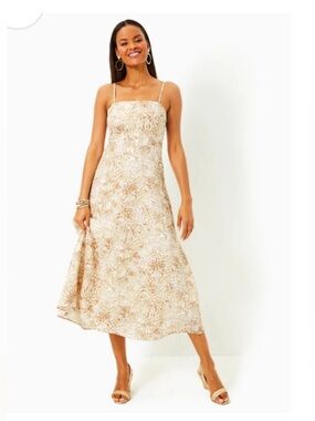 NWT Lilly Pulitzer JORGIAN LINEN MIDI DRESS, SAND BAR PALM BEACH PARADISE